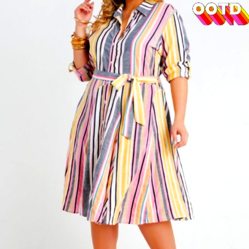 NWT Ashley Stewart Belted Striped Cotton Shirtdress Size 22